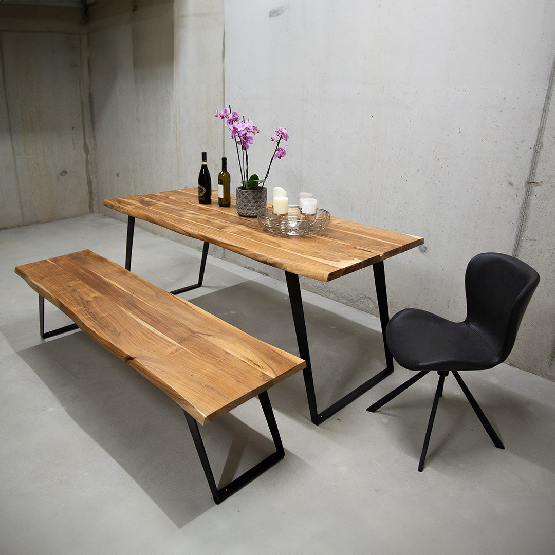 Ensemble table + banc en bois d'acacia avec bordure en arbre